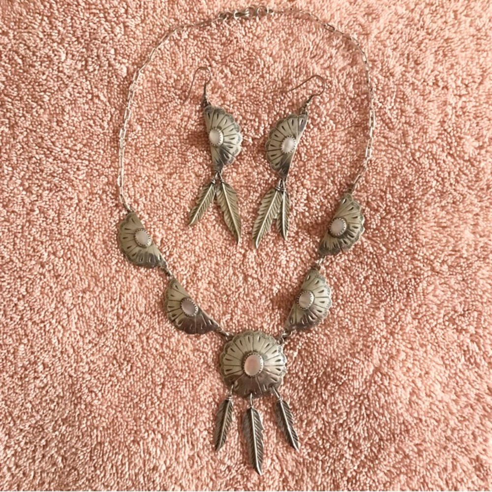 Vintage Jewelry Set Silver Pink Hand Crafted Native American Earrings Necklace